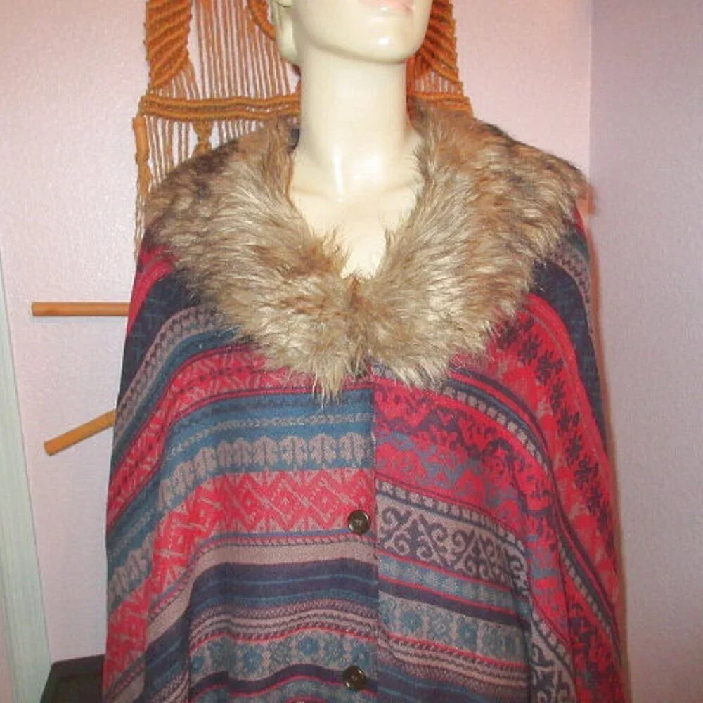 Aztec Knit Poncho Cardigan Sweater Shawl Wrap Cape Faux Fur Collar Fair Isle NWT